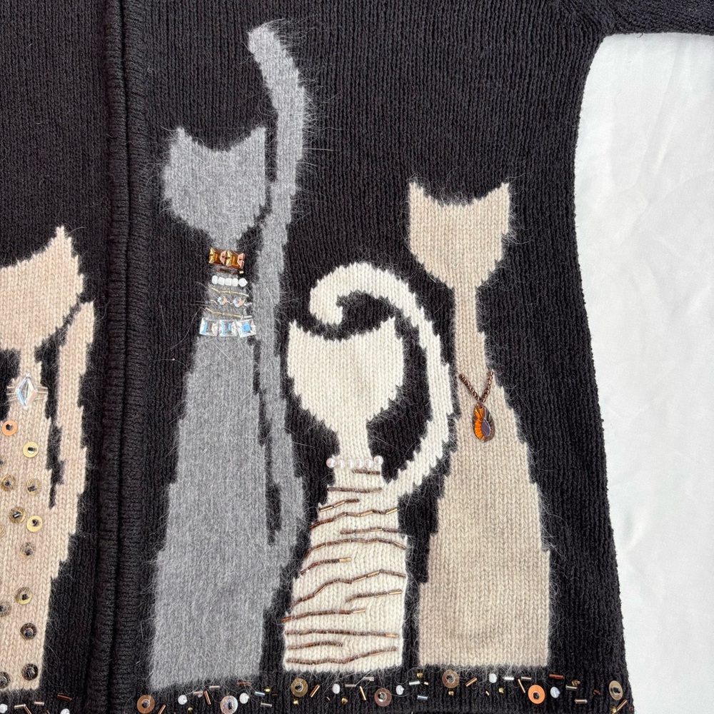Coldwater Creek Full Zip Black Cat Cardigan Sweater Size M Beaded Cat Lady - Picture 9 of 13